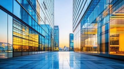 Poster - A panoramic view of an office building's modern architecture, showcasing clean lines, reflective glass