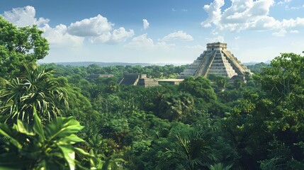 Temple of Kukulkan, surrounded by lush jungle and historical ruins under a clear blue sky