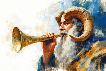 Rosh Hashanah. Blowing a ram's horn on a shofar. The sound of the shofar calls believers to God court. Listen to the sacred sounds of the shofar calling to the human conscience.