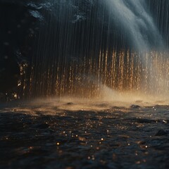 Wall Mural - Close-up of a waterfall cascading over mossy rocks, with sunlight reflecting off the water.