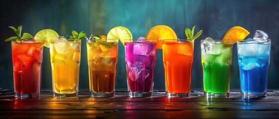 Wall Mural - Beautiful row line of different colored alcohol cocktails 