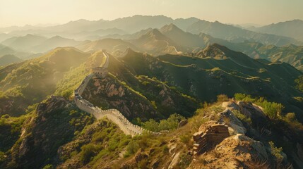 Wall Mural - A panoramic view of the Great Wall extending across rolling hills and valleys,