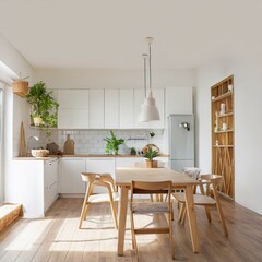 Interior of modern kitchen with refrigerator