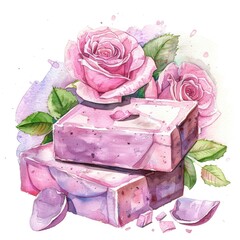 Poster - Luxurious Handmade Soap with Natural Essential Oils and Rose Flowers - Watercolor Illustration