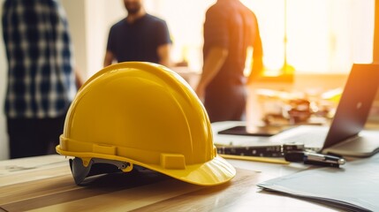 A yellow hard hat rests on a table, with blurred figures in the background, suggesting a construction or safety meeting.