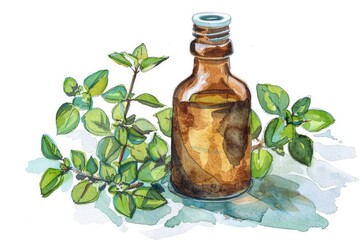 Sticker - Mediterranean Aroma: Fresh Oregano Twig with Herbal Essential Oil. Watercolor Illustration for Wellness and Aromatherapy