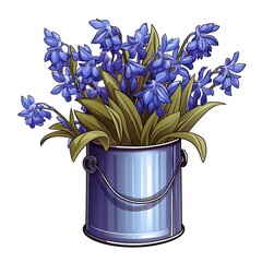 Wall Mural - a close up of a bucket with blue flowers on a white background