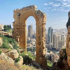 arafed arch in a stone structure with a city in the background