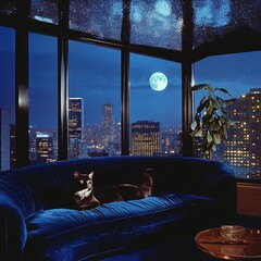 Wall Mural - araffy view of a city at night with a dog on a couch