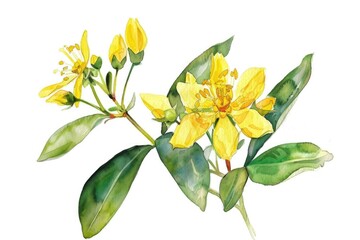 Canvas Print - Nature's Remedy: Watercolor Illustration of Fresh Hypericum Blossoms for Herbal Bloom