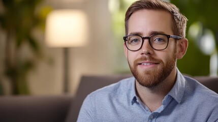 A man with glasses smiles warmly while seated in a well-lit indoor space, suggesting a friendly conversation or interview.