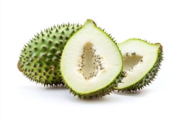 Soursop fruit cut in half on a white background, showcasing its unique texture and appearance