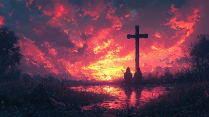 silhouette of a devout couple kneeling in prayer before a towering cross set against a dramatic sunset sky with streaks of orange and purple illuminating the pastoral landscape