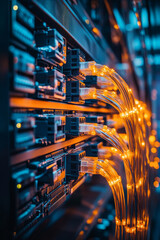 Wall Mural - data center with ethernet cables connected to network switches, glowing with vibrant orange light, c