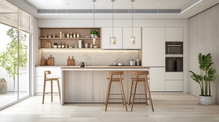 Poster - Elegant Modern Minimalist Kitchen Design with Warm Tones and Wooden Accents