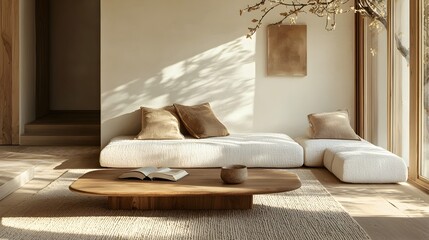 Poster - Cozy and Inviting Minimalist Living Room with Warm Color Palette and Wooden Furnishings