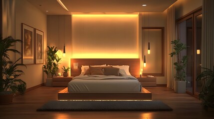 Poster - Tranquil Minimalist Bedroom Oasis with Warm Colors and Ambient Lighting