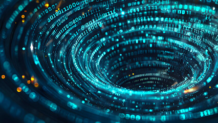 Abstract digital vortex made of glowing binary code against a dark background, representing data flow and technology concepts