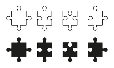 Wall Mural - Puzzle Pieces Fit Line and Silhouette Icon Set. Teamwork, Idea, Logic Game, Combination Solution Concept. Editable Stroke. Isolated Vector Illustration