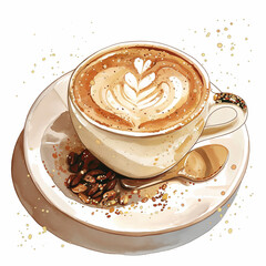 Canvas Print - A cup of coffee with a heart drawn on it sits on a white plate. The coffee is topped with a sprinkle of nuts, giving it a cozy and comforting appearance. Concept of warmth and relaxation