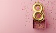 © Yelena - Happy birthday 8th with golden balloons and gift box on a pink background
