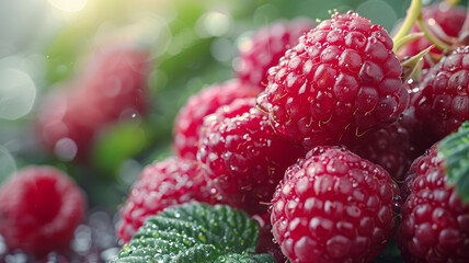 Wall Mural - Juicy raspberries close up