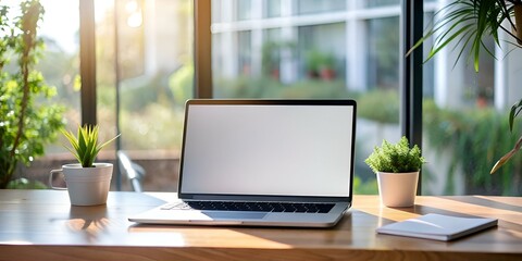 Wall Mural - A modern laptop with a blank screen sits on a wooden desk near a window. bathed in warm sunlight.