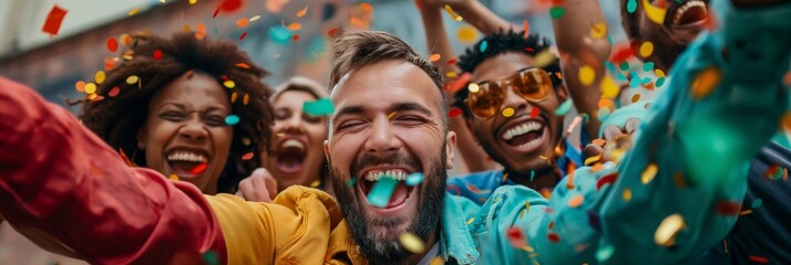 A cheerful group of friends is captured mid-celebration with colorful confetti flying around, illustrating jubilant and carefree moments shared together.