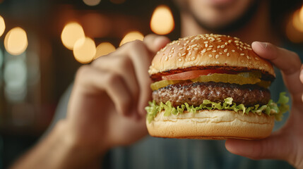 close-up shot of a hungry man indulging in a juicy burger at a bar after work, with the burger's ingredients and the man's expression in focus. photo