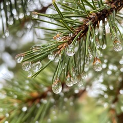 Sticker - Close-up of dew drops on pine needles.