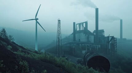 Aufkleber - Wind turbines stand tall against the backdrop of abandoned factories and closed coal mines, symbolizing the shift to renewable energy. Generative AI