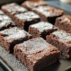 Wall Mural - Close-up of freshly baked chocolate brownies dusted with powdered sugar on a baking sheet.