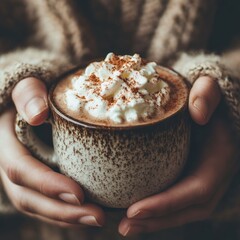 Poster - Close-up of hands holding a mug of hot chocolate topped with whipped cream and cinnamon.