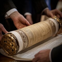 Close-up of hands holding a Torah scroll.