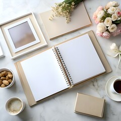 Poster - Elegant flat lay with a blank sketchbook. white picture frame. and neutral accents.