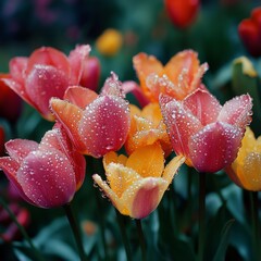 Poster - Close-up of pink and yellow tulips with water droplets.