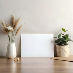 Wall Mural - Minimalist mockup with a blank white canvas. a vase of dried flowers. a potted plant. and two small wooden objects on a wooden table.