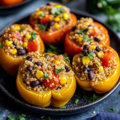 Sticker - Close-up of six stuffed bell peppers on a black plate with quinoa, black beans, and corn filling.