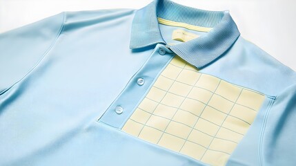 Wall Mural - Detailed Close-up of a Minimalist Light Blue and Yellow Polo Shirt with Grid Pattern