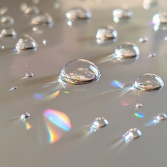 Wall Mural - Close-up of water droplets on a shiny surface, reflecting a rainbow.