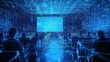 © YanabY - Virtual conference with attendees engaged in a technology-focused presentation illuminated by blue digital visuals