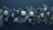 © YanabY - Decorative arrangement of silver and blue Christmas ornaments with pinecones on evergreen branches