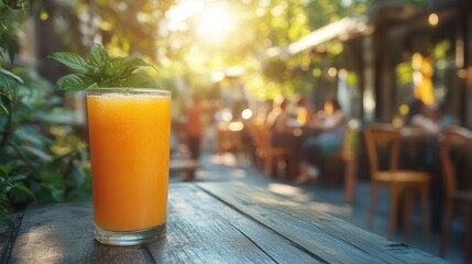 sundrenched outdoor cafe scene with two glasses of fresh orange juice in foreground blurred figures of relaxed patrons enjoying summer day in background warm color palette