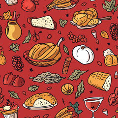 Wall Mural - Thanksgiving doodles and drawings, with apples, turkey, pie, pumpkins and fall leaves. Seamless pattern