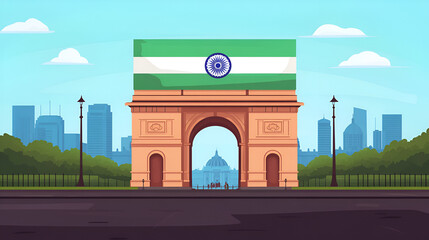 Wall Mural - India Gate Triumphal Arch with Indian Flag, Celebrating Independence Day with Landmark & Patriotism