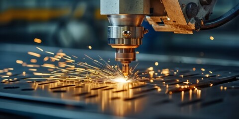 A powerful laser cutting through metal sheets in an industrial workshop, with sparks flying and precision machinery surrounding the setup.