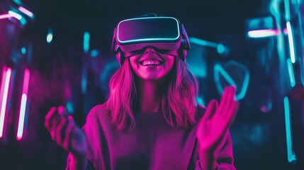 Canvas Print - During her free time, teen girls enjoy playing VR virtual reality glasses, playing sports games in 3D cyber space, in neon colors with futuristic neon background, and enjoying the fun to come from