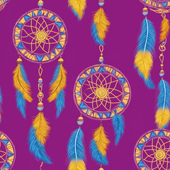 Wall Mural - Dreamcatcher style boho seamless pattern, purple and orange teal colors