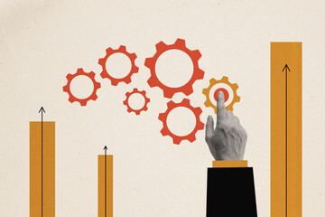 Poster - Artwork image collage of successful worker touch cogwheel work hand finger touch isolated on drawing background