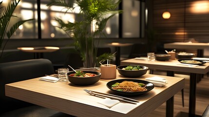 A sleek restaurant table with 3D-rendered noodle dishes representing international cuisine